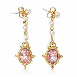 AvonSwinging Drop Pierced Earrings Light Rose Crystal Faux Pearl Gold Tone W/Box